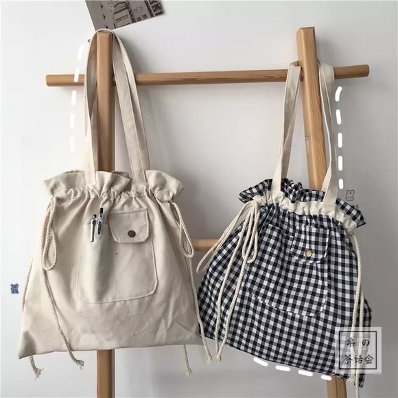 Canvas tote bag pocket plaid cream drawstring bags cute bear pins set checker - Picture 4 of 7